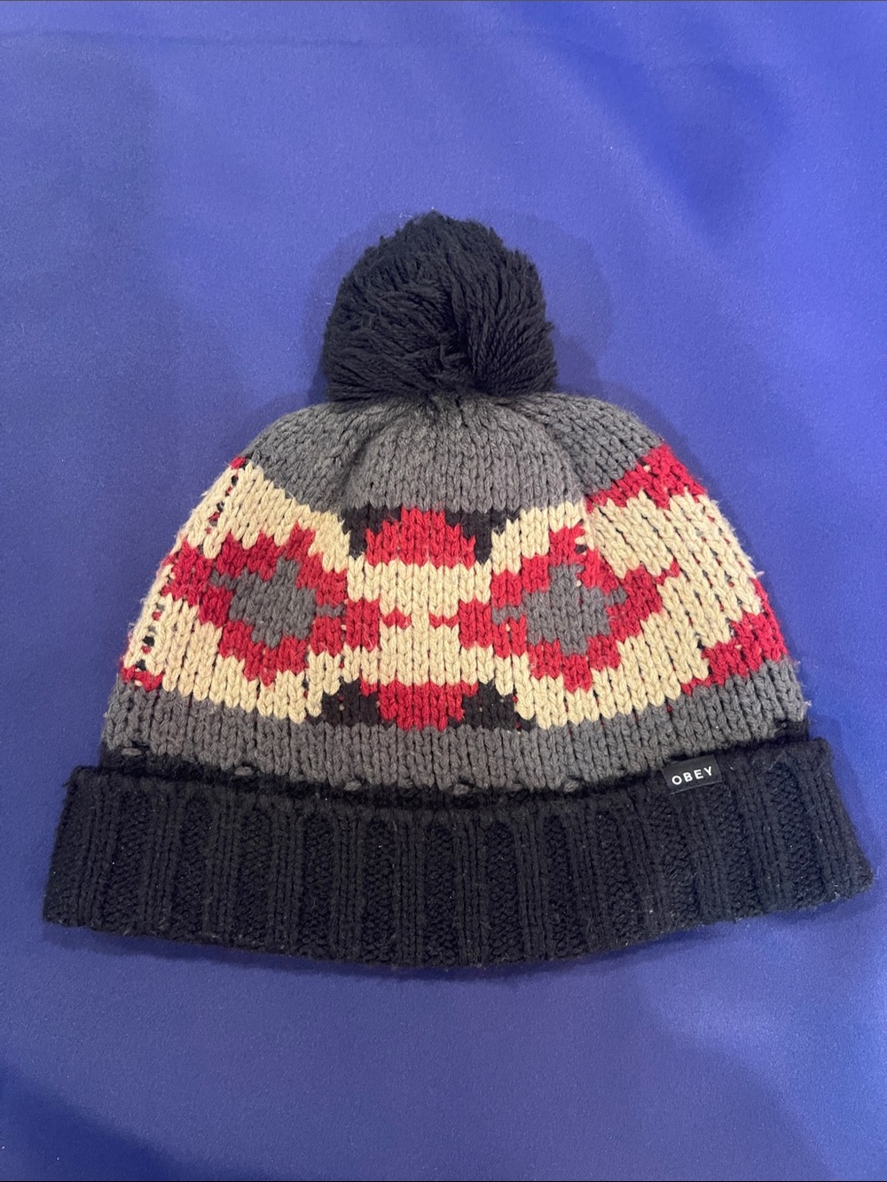 Obey Knit Pom Beanie in Black, Gray & Red